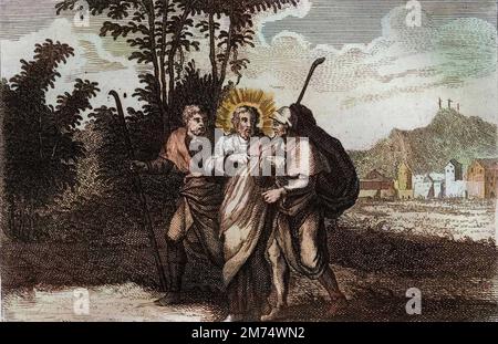 Bibel par le Sieur de Royaumont, Nouveau Testament : Disciples d'Emmaus. Les deux disciples d'Emmaus) rencontre le Christ ressuscite. Gravure de 1811 - Bibel de Royaumont, Neues Testament : Jünger von Emmaus. Die beiden Jünger von Emmaus) trifft den auferstandenen Christus. Gravur - spätere Färbung Stockfoto