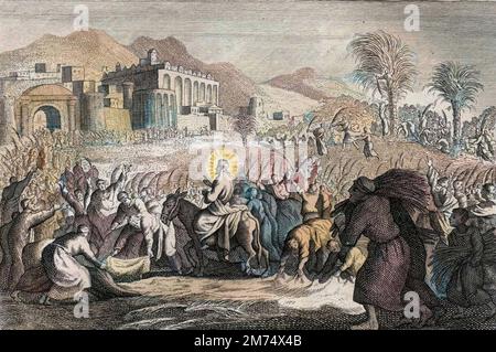 Bibel par le Sieur de Royaumont, Nouveau Testament : Triomphe de Jesus Christus. L'Vorspeise von Jesus a Jerusalem. Gravure de 1811 - Bibel de Royaumont, Neues Testament : Triumph Jesu Christi. Der Eintritt Jesu in Jerusalem. Gravur - spätere Färbung Stockfoto