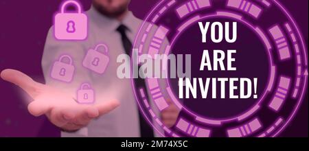 Schreiben von Text, in dem Sie eingeladen sind. Internetkonzept Empfang und Einladung zu einer Veranstaltung Feiern Sie mit uns Stockfoto