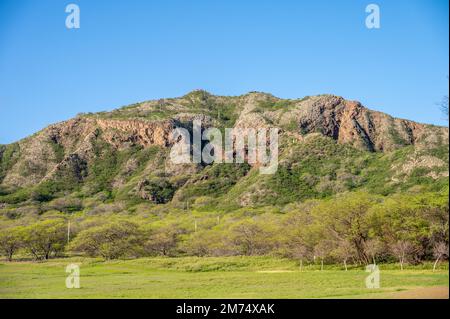 Blick auf den Diamond Head Aussichtspunkt vom Insider des Valcanic Kraters. Stockfoto