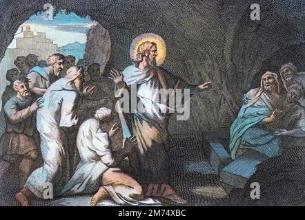 Bibel par le Sieur de Royaumont, Nouveau Testament : La Resurrection de Lazare par Jesus Christus. Gravure de 1811 - Bibel de Royaumont, Neues Testament : die Auferstehung des Lazarus durch Jesus Christus. Gravur - spätere Färbung Stockfoto