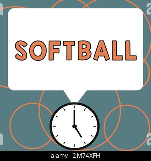 Schild mit Softball. Ein Wort, das auf einem Sport geschrieben wurde, ähnlich wie Baseball, der mit einem Ball und einer Fledermaus gespielt wurde Stockfoto