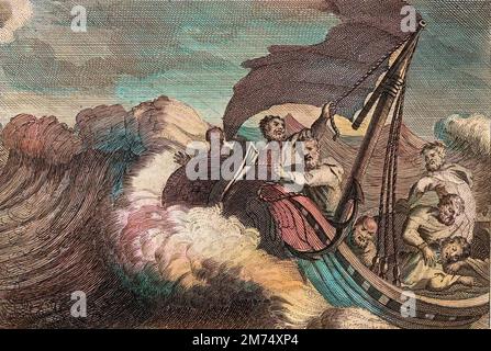 Bibel par le Sieur de Royaumont, Nouveau Testament : Tempete apaisee. Les Apotres etant surpris d'une tempete Reveillent Jesus Christ qui dormait dans leur vaisseau, et il calme aussitot la mer de Galilee. Gravure de 1811 - Bibel par le Sieur de Royaumont, Nouveau Testament : Tempete apaisée. Die Apostel wurden von einem Sturm überrascht, der Jesus Christus aufweckte, der in ihrem Schiff schlief, und er beruhigte sofort das Meer von Galiläa. Gravur - spätere Färbung Stockfoto