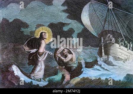 Bibel par le Sieur de Royaumont, Nouveau Testament : Saint Pierre marche sur l'Eau. Jesus Christus marche sur la mer, et y fait Marcher saint Pierre. Gravure de 1811 - Bible de Royaumont, Neues Testament : der Heilige Petrus geht auf dem Wasser spazieren. Jesus Christus geht über das Meer und lässt den Heiligen Petrus darauf laufen. Gravur - spätere Färbung Stockfoto