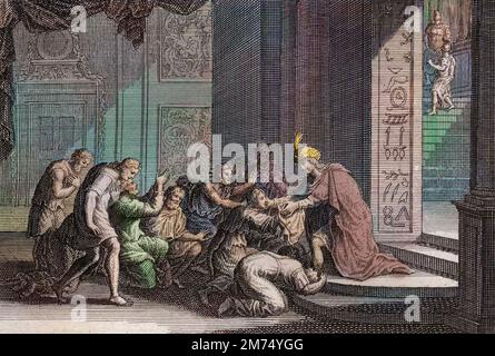 Bibel par le Sieur de Royaumont, Ancien Testament : Joseph se fait Reconnaitre de ses freres. Gravure de 1811 - Bible de Royaumont, Altes Testament : Joseph wird von seinen Brüdern anerkannt. Gravur - spätere Färbung Stockfoto