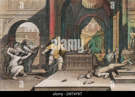 Bibel par le Sieur de Royaumont, Ancien Testament : Idole de Dagon. Les Philistins Ayant mis l'Arche d'Alliance dans le Temple aupres de Dagon leur Dieu, elle fit tomber leur idole, et les frappa tous d'une plaie tres faucheuse, qui les contraignit de la renvoyer. Gravure de 1811 - Bible de Royaumont, Altes Testament : Idol von Dagon. Die Philister, die die Arche des Covenant mit Dagon in den Tempel gebracht hatten, ihren Gott, ließ ihr Idol fallen und schlug sie alle mit einer Reaper-Pest, die sie zwang, sie zurückzuschicken. Gravur - spätere Färbung Stockfoto