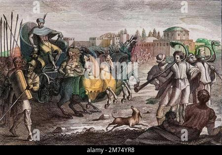 Bibel par le Sieur de Royaumont, Ancien Testament : Elevation de Joseph. Joseph Est eleve en Gloire. Gravure de 1811 - Bible de Royaumont, Altes Testament : Höhe des Joseph. Joseph wird zu Ruhm erzogen. Gravur - spätere Färbung Stockfoto