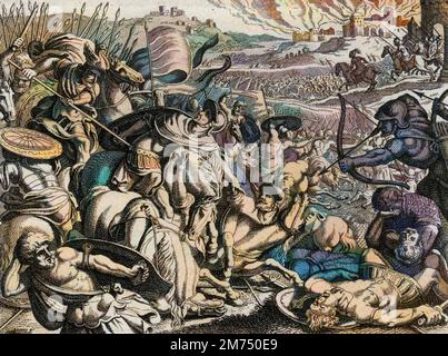 Bibel par le Sieur de Royaumont, Ancien Testament : Punition des Benjamites. La Tribu de Benjamin, der beste Vernichter. Gravure de 1811 - Bible de Royaumont, Altes Testament : Strafe der Benjamiten. Der Stamm Benjamin ist ausgelöscht. Gravur - spätere Färbung Stockfoto