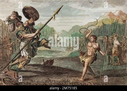 Bibel par le Sieur de Royaumont, Ancien Testament : Le geant Goliath. Goliath, Philistin, d'une Grandeur prodigieuse, est defait par David, Arme seulement d'une fronde et d'un Baton. Gravure de 1811 - Bible de Royaumont, Altes Testament : Le geant Goliath. Goliath, Philistine, von unglaublicher Größe, wird von David besiegt, nur bewaffnet mit einer Schlinge und einem Stock. Gravur - spätere Färbung Stockfoto