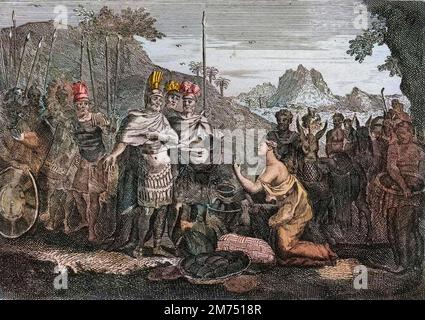 Bibel par le Sieur de Royaumont, Ancien Testament : Abigail. Abigail, Femme de Nabal, apaise par sa sagesse la Colere de David. Gravure de 1811 - Bible de Royaumont, Altes Testament : Abigail. Abigail, die Frau von Nabal, besänftigt Davids Wut durch ihre Weisheit. Gravur - spätere Färbung Stockfoto