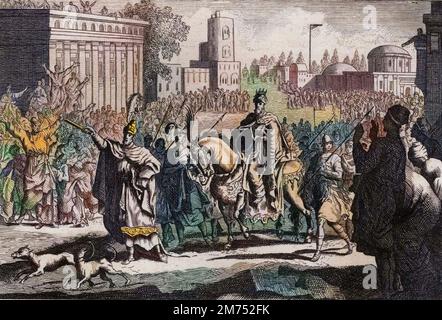 Bibel par le Sieur de Royaumont, Ancien Testament : Triomphe de Mardochee. Aman (Haman) est Contra, par le ROI, de publier le triomphe de Mardochee (ou Mordekhai ou Mordecai) son ennemi, dans toute la ville de Susan (plus connue comme SUSE). Gravure de 1811 - Bible de Royaumont, Altes Testament : Triumph von Mardochee. Aman (Haman) ist vom König gezwungen, den Triumph von Mardochee (oder Mordekhai oder Mordechai) seinem Feind in der ganzen Stadt Susan (besser bekannt als Susa) Gravur - später Malerei zu veröffentlichen Stockfoto