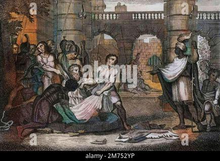 Bibel par le Sieur de Royaumont, Ancien Testament : Jeremie-Prophete. Le saint Prophete et la fosse. Gravure de 1811 - Bible de Royaumont, Altes Testament : Jeremie-Prophete. Der heilige Prophet und die Grube. Gravur - spätere Färbung Stockfoto