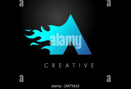 Blaues „A Letter“-Design mit Flammenlogo. Schriftzug „Fire Logo“ Konzept „Vector“. Stock Vektor