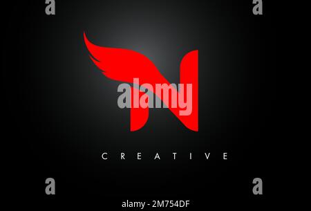 Rotes „N“-Logo mit Buchstabendesign. Buchstabenlogo „Flying Wing“ mit kreativem Black Wing-Konzept. Stock Vektor