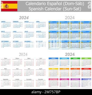 2024 Uhr spanischer Mix-Kalender Sonntag-Samstag auf weißem Hintergrund Stock Vektor