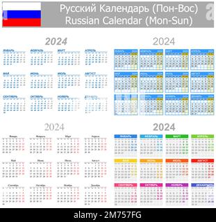 2024 Russischer Mix-Kalender Mo-so auf weißem Hintergrund Stock Vektor