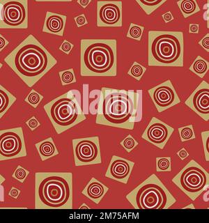 Handgezeichnete goldene quadratische und kreisförmige Elemente im Tribal-Stil nahtloses Muster auf rotem Hintergrund. Stock Vektor
