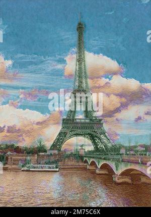 Der Eiffelturm ist ein digitales Aquarell und befindet sich in der Hauptstadt von Paris, Frankreich, mit der seine im Vordergrund Stockfoto