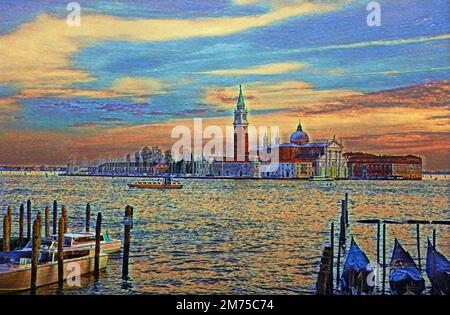 Digitale Aquarellmalerei auf dem Canale Grande und der Basilika Santa Maria della Salute, Venedig, Italien am Abend während der Herbstsaison Stockfoto