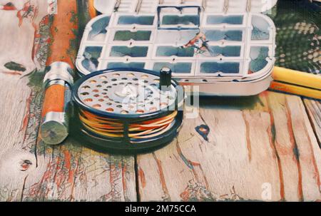 Digitale Aquarelllackierung von antiken Fliegenrollen, Stangen und Stütznetzen mit Lockerbehälter auf rustikalen Holzbrettern. Selektiver Fokus auf Rolle. Stockfoto