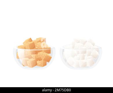 Zwei Glasschüsseln mit braunen und weißen Zuckerwürfeln, Vektordarstellung isoliert auf weißem Hintergrund Stock Vektor