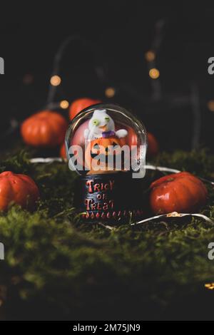 Eine Nahaufnahme eines Halloween-Kürbis-Schneeballs, umgeben von Harz-Kürbissen Stockfoto