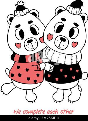 Ein Paar Umarmungen in Liebesbären in Winterkleidung. Valentinskarte. Wir vervollständigen einander. Vektorgrafik im Kritzelstil. Lustige niedliche Tierchara Stock Vektor