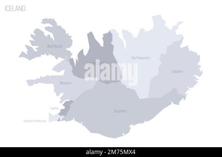 Politische Karte Islands der Verwaltungsabteilungen - Regionen. Graue Vektorkarte mit Beschriftungen. Stock Vektor