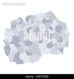 Nordmazedonien: Politische Karte der Verwaltungsabteilungen - Gemeinden. Graue Vektorkarte mit Beschriftungen. Stock Vektor