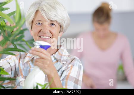 Seniorin besprüht eine Pflanze mit Wasser aus einer Sprühflasche Stockfoto