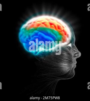 Neurologie, Philosophie, die Entwicklung von Gedanken und Reflexion, wie man die unendlichen Möglichkeiten des Geistes entwickelt. Gesichtsseite, menschliche Anatomie Stockfoto