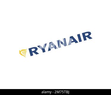 Ryanair, gedrehtes Logo, weißer Hintergrund Stockfoto