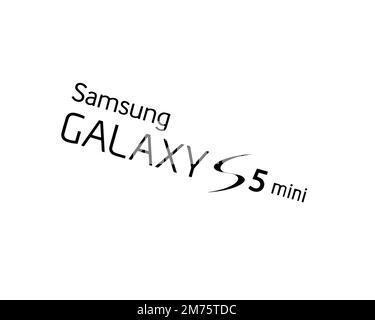 Samsung Galaxy S5 Mini, gedrehtes Logo, weißer Hintergrund B Stockfoto