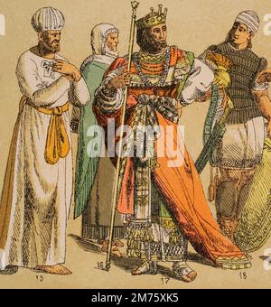 Israel. Hebräer. Von links nach rechts; 15: Priestergewand, 16: Assyrisch-hebräisches Kleid, 17: Reiche Männerkleidung in der Zeit von David und Salomon, 18: Krieger-Gewand. Chromolithographie. „Historia Universal“ (Universelle Geschichte) von Cesar Cantu. Band I, 1881. Stockfoto