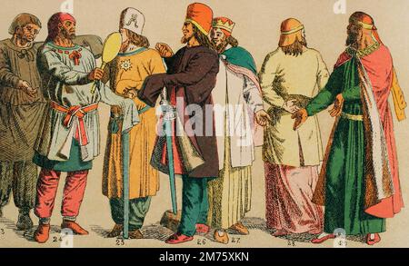 Im Nahen Osten. Parther. Von links nach rechts; 23: Parthian of lower class, 24-25: Higher class Parthians, 27-28-29: Parthian Royal Garment. Chromolithographie. „Historia Universal“ (Universelle Geschichte) von Cesar Cantu. Band I, 1881. Stockfoto