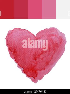 Handgemaltes Herz in Aquarell-Magenta mit Farbpalette und weißem Hintergrund Stockfoto