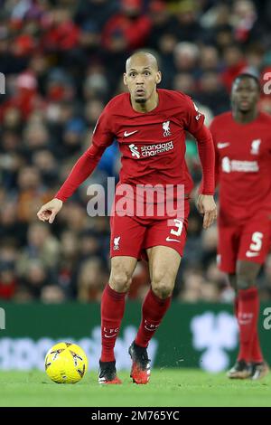 Liverpool, Großbritannien. 07. Januar 2023. Fabinho von Liverpool in Aktion. The Emirates FA Cup, 3. Runde, Liverpool gegen Wolverhampton Wanderers in Anfield in Liverpool am Samstag, den 7. Januar 2023. Dieses Bild darf nur zu redaktionellen Zwecken verwendet werden. Nur redaktionelle Verwendung, Lizenz für kommerzielle Verwendung erforderlich. Keine Verwendung bei Wetten, Spielen oder Veröffentlichungen von Clubs/Ligen/Spielern. Bild von Chris Stading/Andrew Orchard Sportfotografie/Alamy Live News Kredit: Andrew Orchard Sportfotografie/Alamy Live News Stockfoto