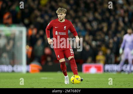 Liverpool, Großbritannien. 07. Januar 2023. Harvey Elliott von Liverpool in Aktion. The Emirates FA Cup, 3. Runde, Liverpool gegen Wolverhampton Wanderers in Anfield in Liverpool am Samstag, den 7. Januar 2023. Dieses Bild darf nur zu redaktionellen Zwecken verwendet werden. Nur redaktionelle Verwendung, Lizenz für kommerzielle Verwendung erforderlich. Keine Verwendung bei Wetten, Spielen oder Veröffentlichungen von Clubs/Ligen/Spielern. Bild von Chris Stading/Andrew Orchard Sportfotografie/Alamy Live News Kredit: Andrew Orchard Sportfotografie/Alamy Live News Stockfoto