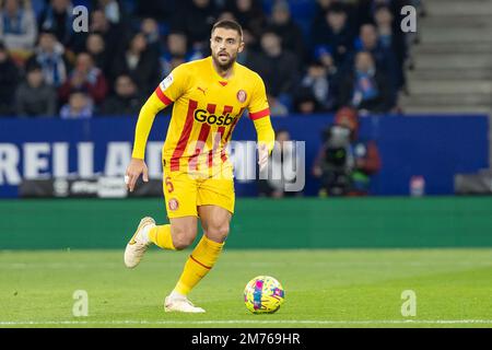 David Lopez vom Girona FC während des Liga-Spiels zwischen RCD Espanyol und Girona FC im RCDE Stadium in Cornella, Spanien. Stockfoto