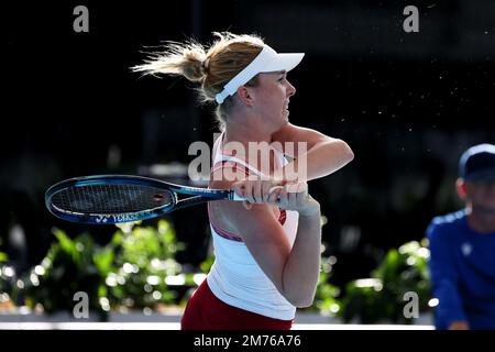 Adelaide, Australien, 7. Januar 2023. Linda Noskova der Tschechischen Republik während des internationalen Tennisspiels Adelaide zwischen Ons Jabeur aus Tunesien und Linda Noskova aus der Tschechischen Republik auf dem Memorial Drive am 07. Januar 2023 in Adelaide, Australien. Kredit: Peter Mundy/Speed Media/Alamy Live News Stockfoto