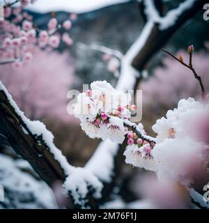 Selektiver Fokus auf wunderschöne Zweige rosafarbener Kirschblüten auf dem Baum unter blauem Himmel, wunderschöne Sakura-Blumen im Park, Flora-Muster Textur Stockfoto