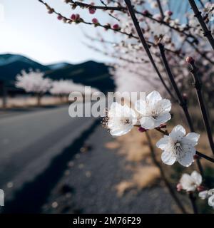 Selektiver Fokus auf wunderschöne Zweige rosafarbener Kirschblüten auf dem Baum unter blauem Himmel, wunderschöne Sakura-Blumen im Park, Flora-Muster Textur Stockfoto