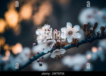 Selektiver Fokus auf wunderschöne Zweige rosafarbener Kirschblüten auf dem Baum unter blauem Himmel, wunderschöne Sakura-Blumen im Park, Flora-Muster Textur Stockfoto