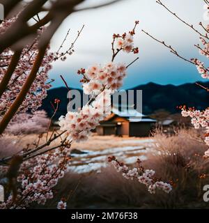 Selektiver Fokus auf wunderschöne Zweige rosafarbener Kirschblüten auf dem Baum unter blauem Himmel, wunderschöne Sakura-Blumen im Park, Flora-Muster Textur Stockfoto
