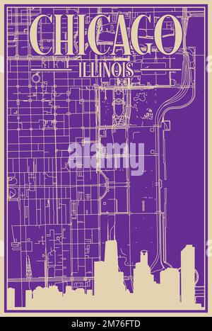 Lilafarbenes, handgezeichnetes Poster über die Innenstadt VON CHICAGO, ILLINOIS, mit hervorgehobener Oldtimer-Skyline und Schriftzug Stock Vektor