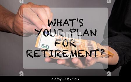 Wie sieht dein Plan für den Ruhestand aus? Frauen- und Männerhände zählen Geld, Euro-Geld. Stockfoto