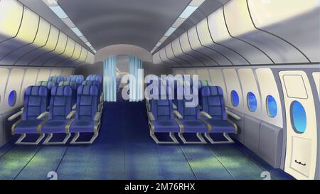 Innenraum der Passagierkabine eines Flugzeugs. Digital Painting Background, Illustration. Stockfoto