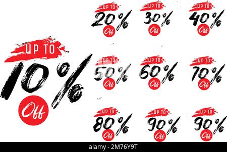 Sale Discount Tags Vector Badges Set Template, 10 Rabatt, 20 %, 90, 80, 30, 40, 50, 60, 70, 75, 25, 35, Prozentangabe Der Etikettensymbole Mit Pinselstrich Auf Der Rückseite Stock Vektor