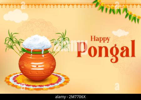 Happy Pongal Holiday Harvest Festival von Tamil Nadu Südindien Gruß Hintergrund Stock Vektor