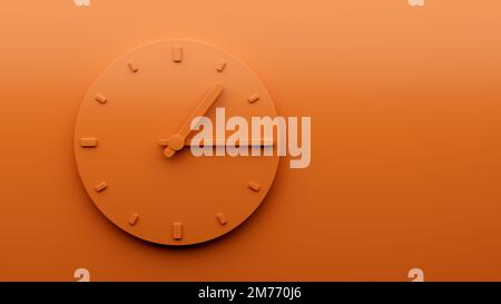 ein 3D-Rendering einer minimalistischen orangefarbenen Wanduhr, die einen Kopierraum von Viertel nach eins anzeigt Stockfoto